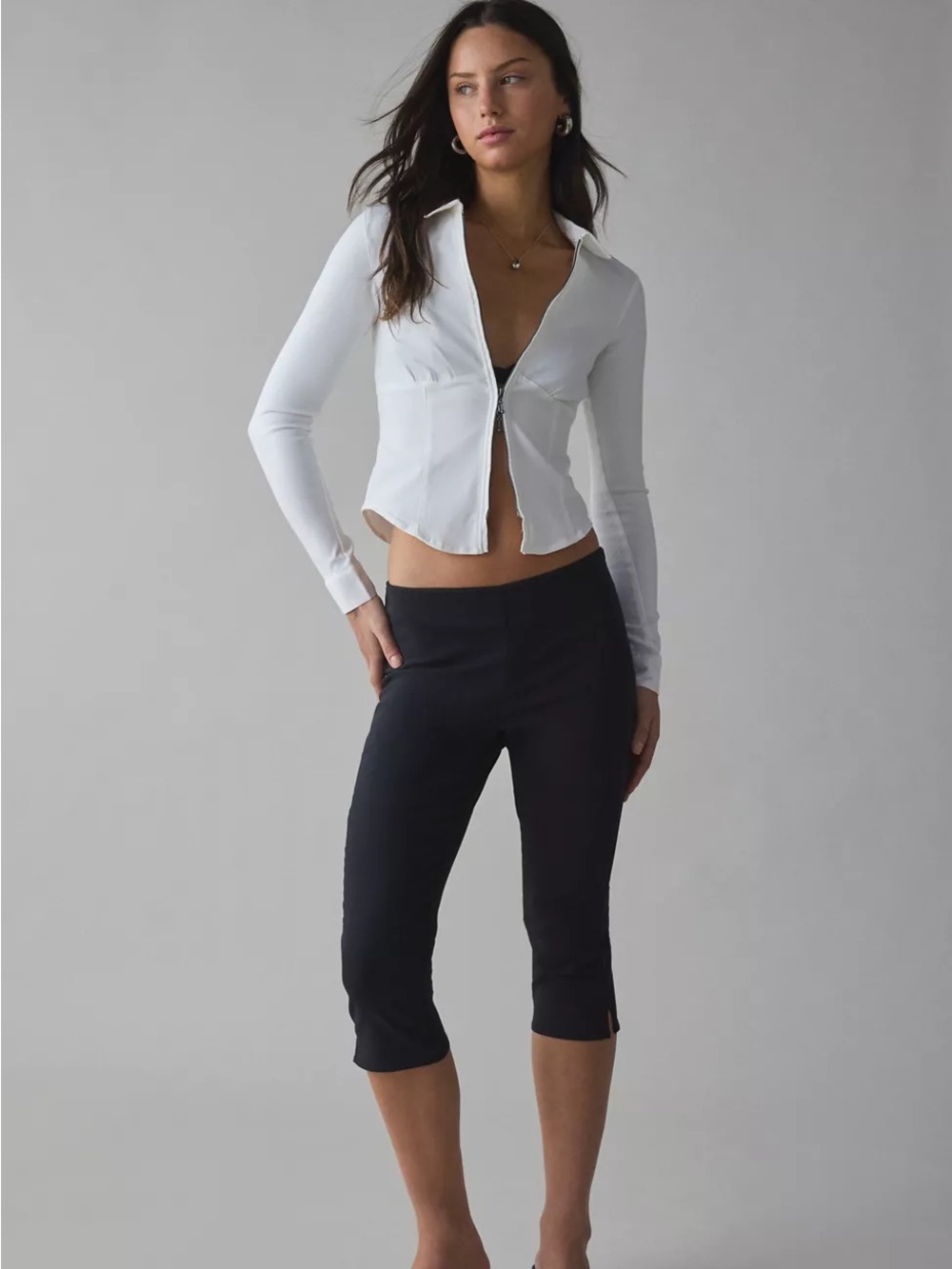 BDG Hailey White Collared Zip Up Long Sleeve Corset Style Shirt Size Medium